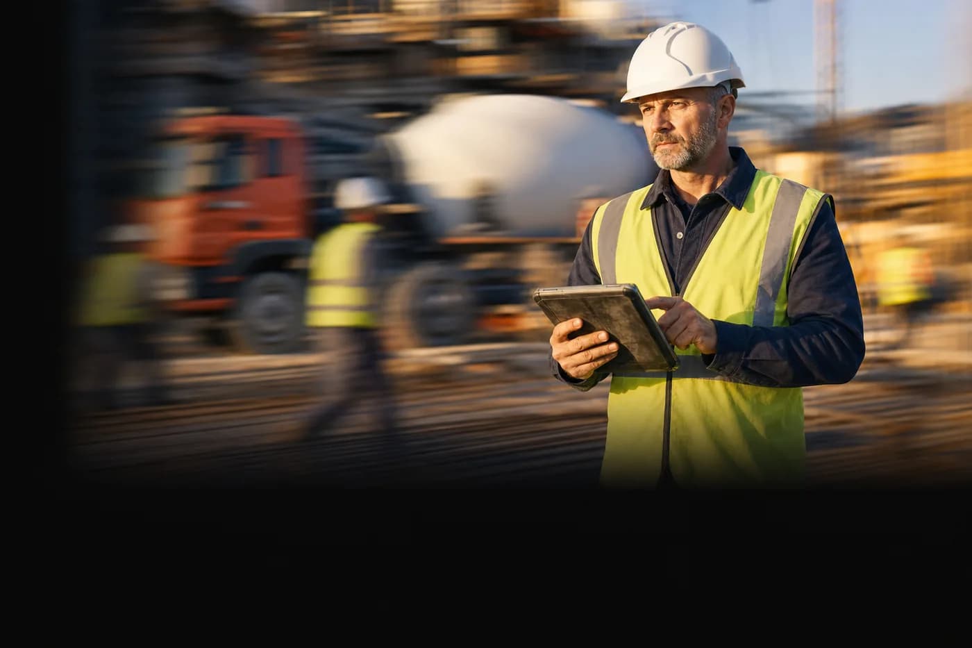 Bauleiter mit robustem Tablet auf der Baustelle, Betonmischer und Arbeiter verwischen im Hintergrund