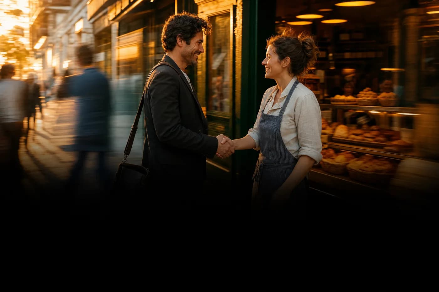 Herzlicher Handschlag zwischen Webdesigner und Bäckerin vor ihrer Bäckerei in der Abendsonne
