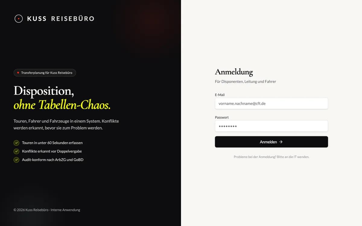 Screenshot des Transfer-Management-Systems für ein Reisebüro