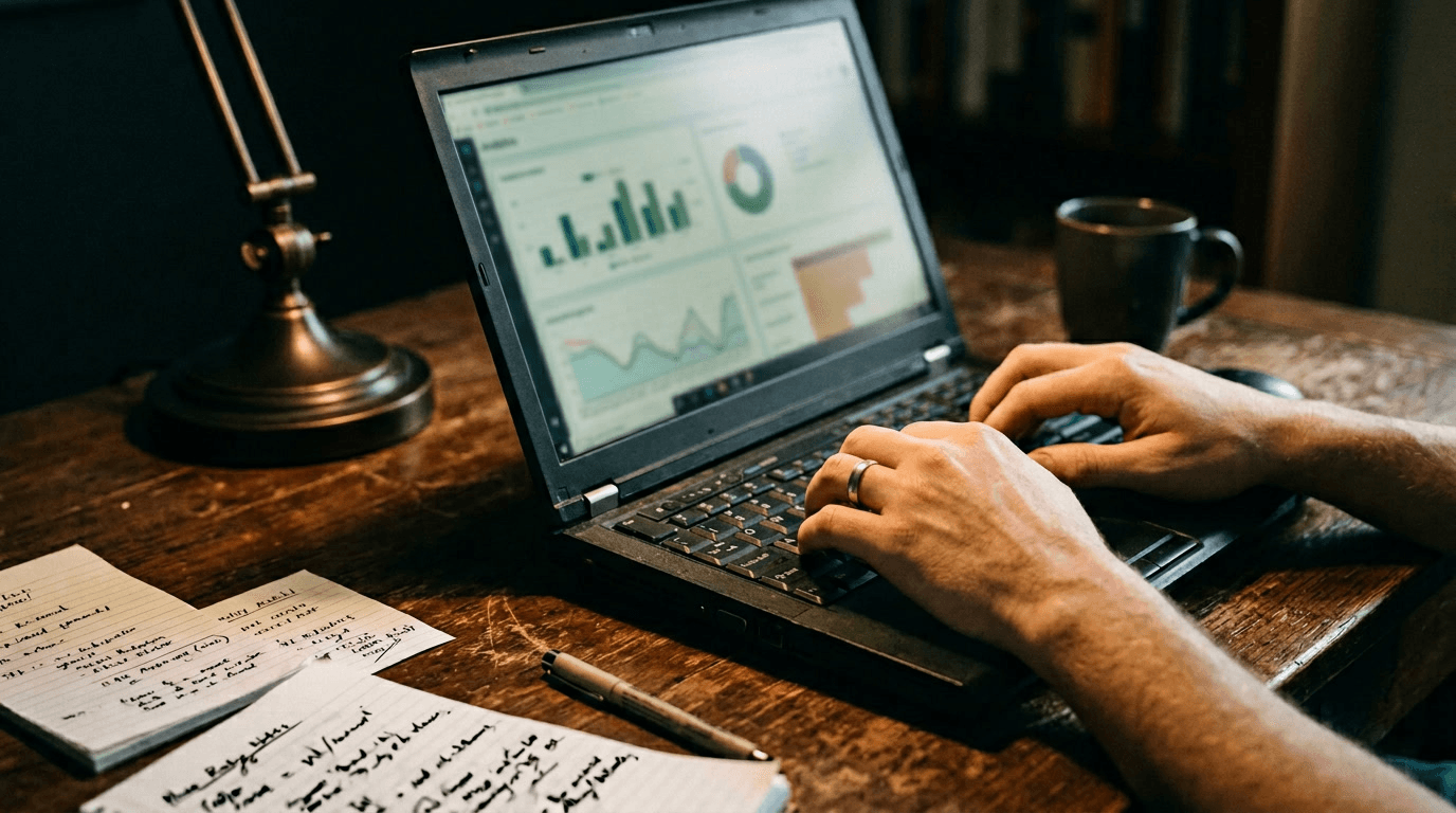 Roland Hentschel · Laptop-Schreibtisch eines SEO-Spezialisten, Google-Rankings auf dem Monitor, arbeitet an Contentstruktur