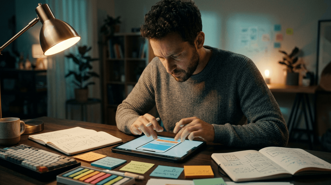 Roland Hentschel · Webdesigner optimiert Button-Größen und Navigationsstruktur auf Tablet-Bildschirm