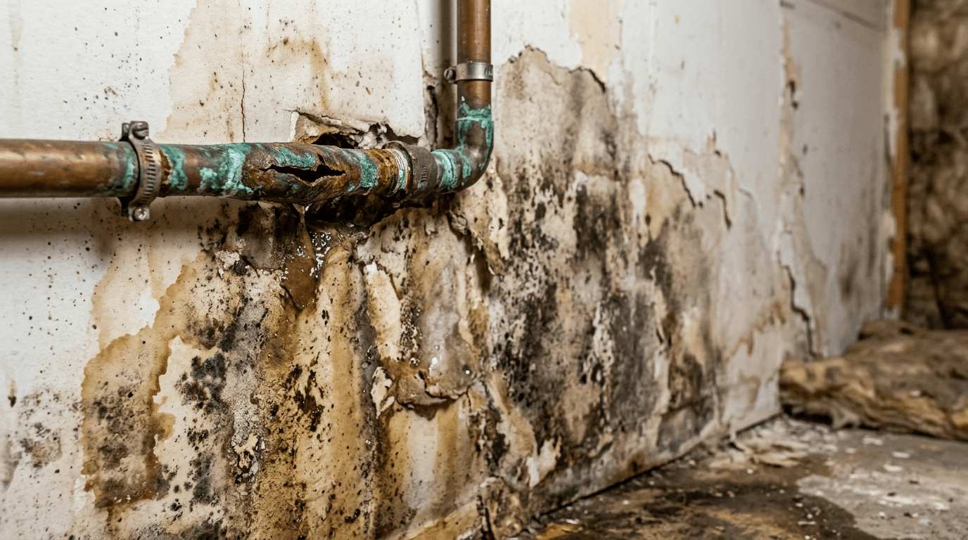 Roland Hentschel · Wasserschaden an Wand mit sichtbarem Rohbruch und Feuchtigkeitsspuren vor Sanierung
