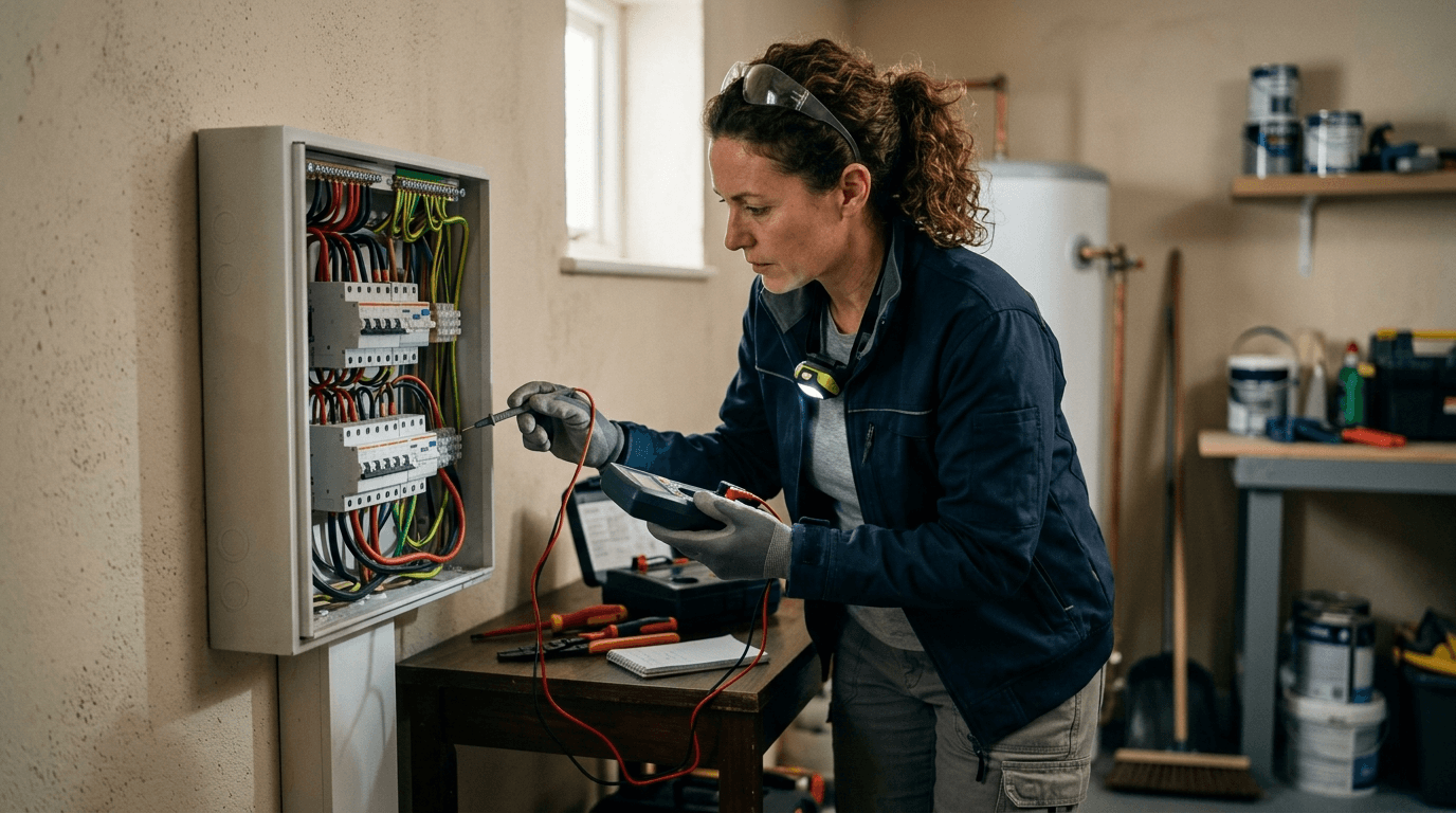 Roland Hentschel · Elektriker prüft Unterverteilung mit Prüfgerät