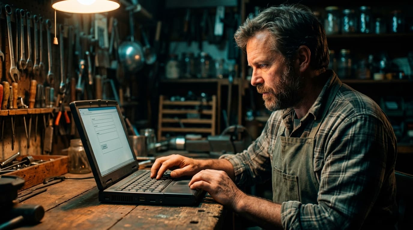Roland Hentschel · Handwerker bei der Nutzung eines einfachen Kontaktformulars auf einer Website