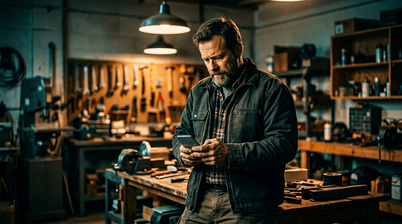 Roland Hentschel · Handwerker prüft Google Business Profil auf Smartphone in Werkstatt