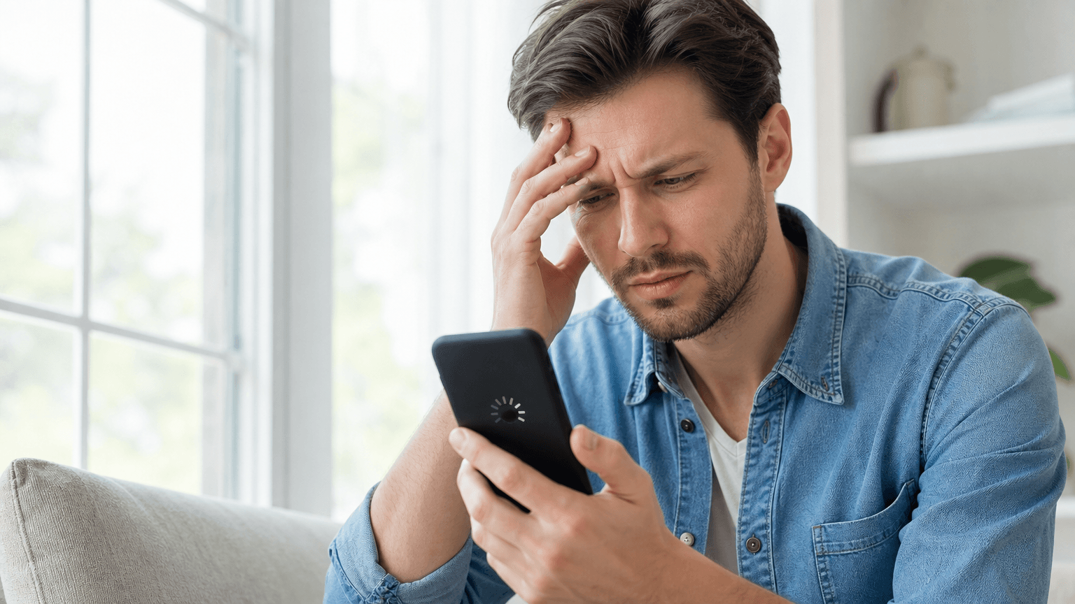 Roland Hentschel · Smartphone-Nutzer wartet ungeduldig auf Seitenladung, zeigt Frustration bei langsamer Website