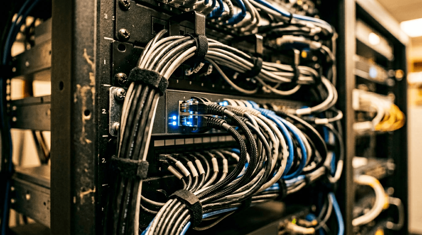 Roland Hentschel · Netzwerk-Rack mit Server-Hardware in Rechenzentrum, blaue LED-Indikatoren, robots.txt Sicherheitskonzept