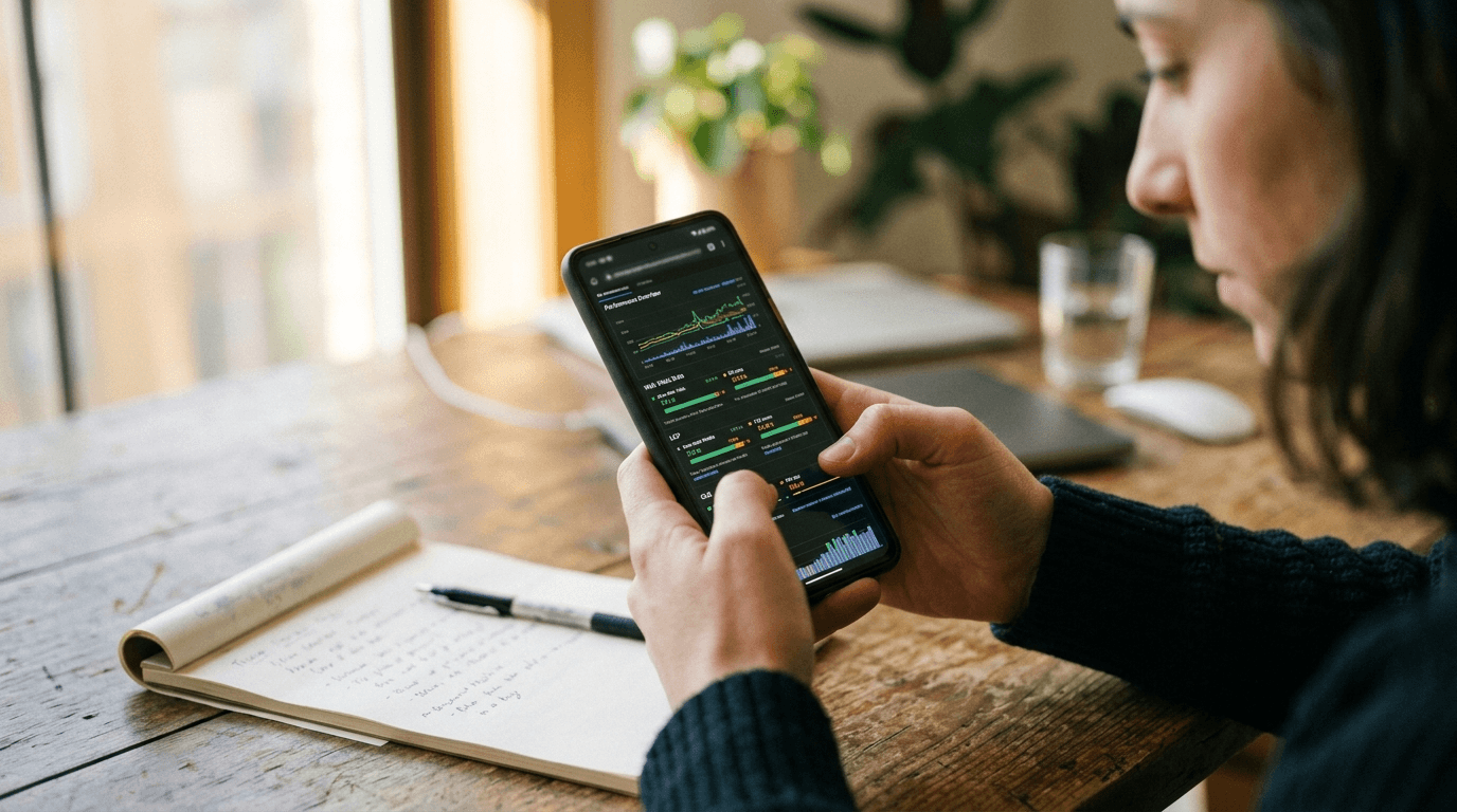 Roland Hentschel · Webdesigner überprüft Ladezeit-Metriken auf Smartphone in heller Büroumgebung