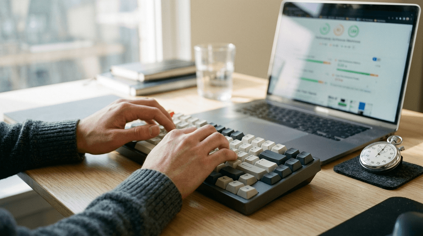 Webentwickler optimiert Core Web Vitals 2026: Hände am Keyboard, Lighthouse Score im Hintergrund — Roland Hentschel SEO