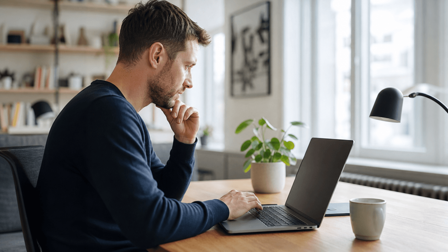 Roland Hentschel · Person am Laptop in modernem Büro, schaut auf Bildschirm mit Gesprächstranskript
