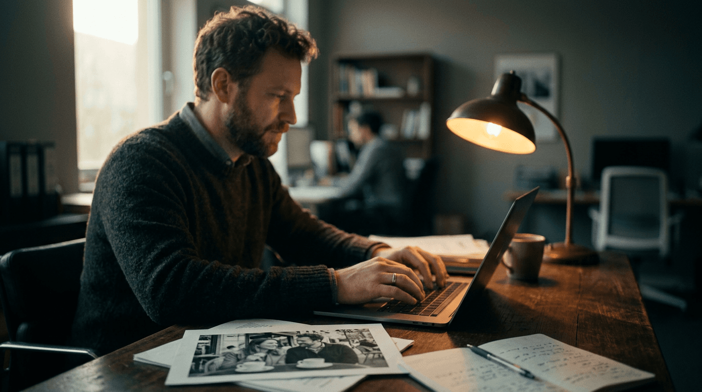 Roland Hentschel · Inhaber verfasst Google-Bewertungsantwort am Büro-Schreibtisch, Notizblock und Kundenfoto sichtbar