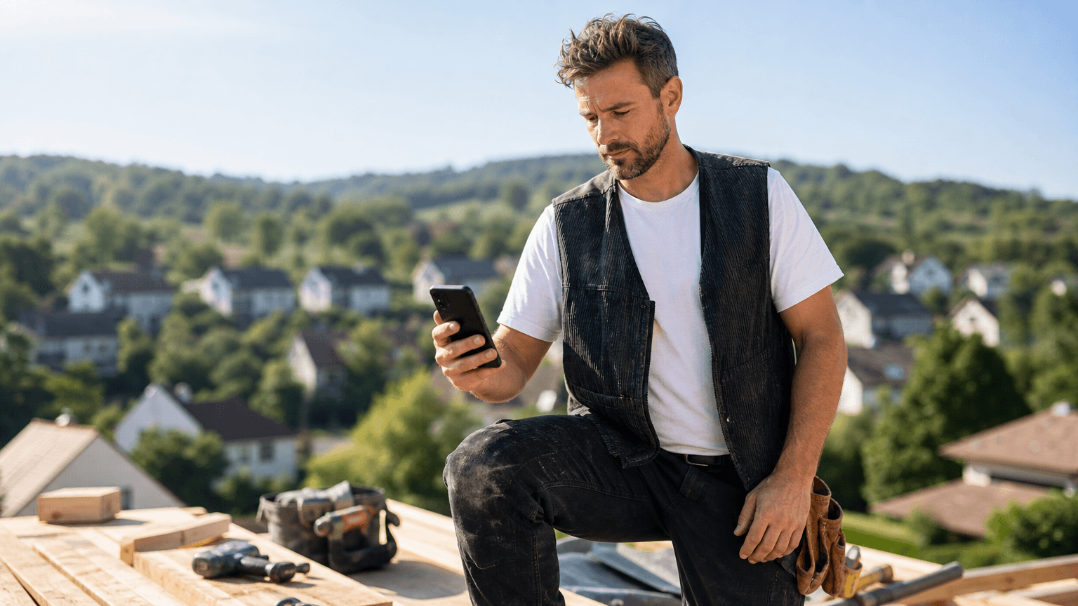 Roland Hentschel · Handwerker auf Baustelle mit Smartphone, Anruf kommt an