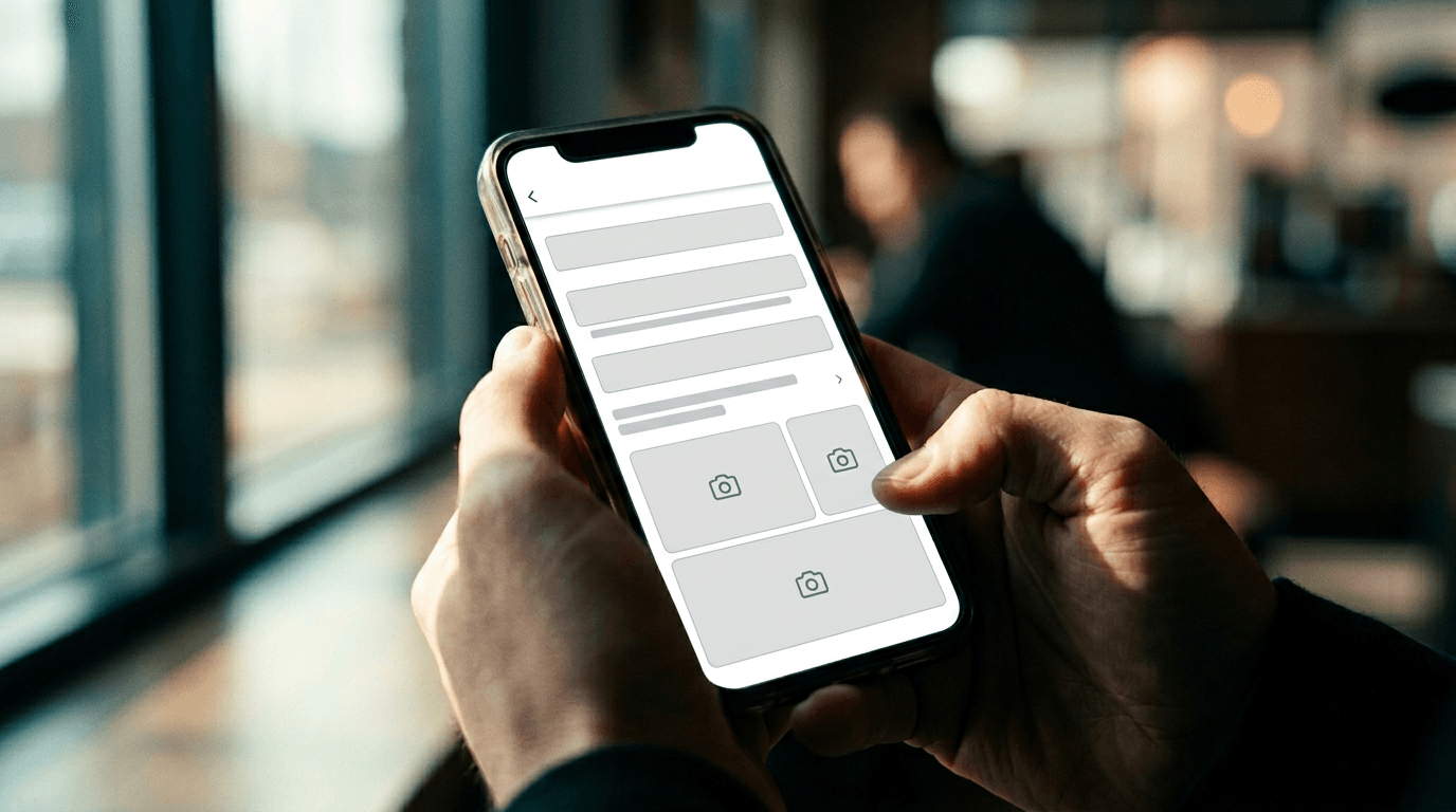 Roland Hentschel · Smartphone-Bildschirm zeigt unvollständiges Google Business Profil mit leeren Feldern und fehlenden Fotos