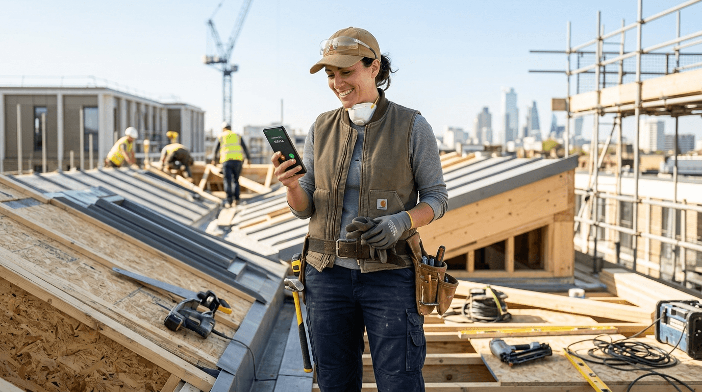 Roland Hentschel · Handwerker auf Baustelle mit Smartphone, Anruf kommt an