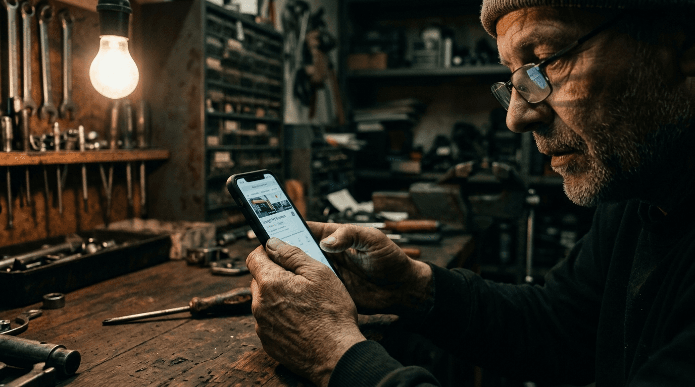Handwerker schaut auf Smartphone mit Google My Business Profil in Werkstatt — lokale Rankings optimieren ohne Agentur.