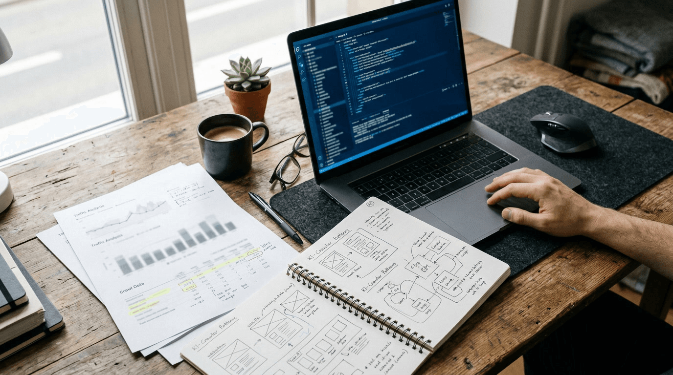 Designer analysiert Website-Code und KI-Crawler-Daten am Schreibtisch – KI-Content-Audit von Roland Hentschel