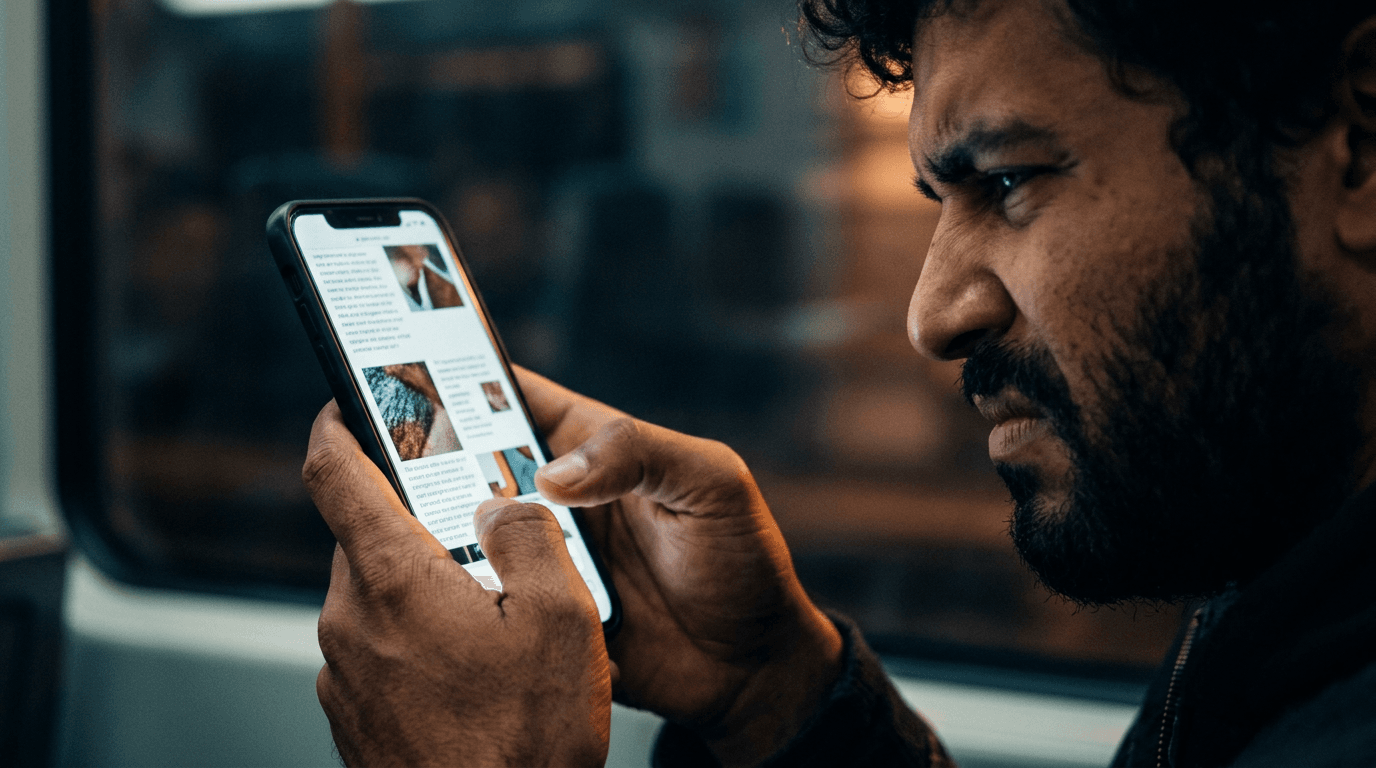 Roland Hentschel · Smartphone-Nutzer scrollt durch langsam ladende Website mit schlechter Lesbarkeit