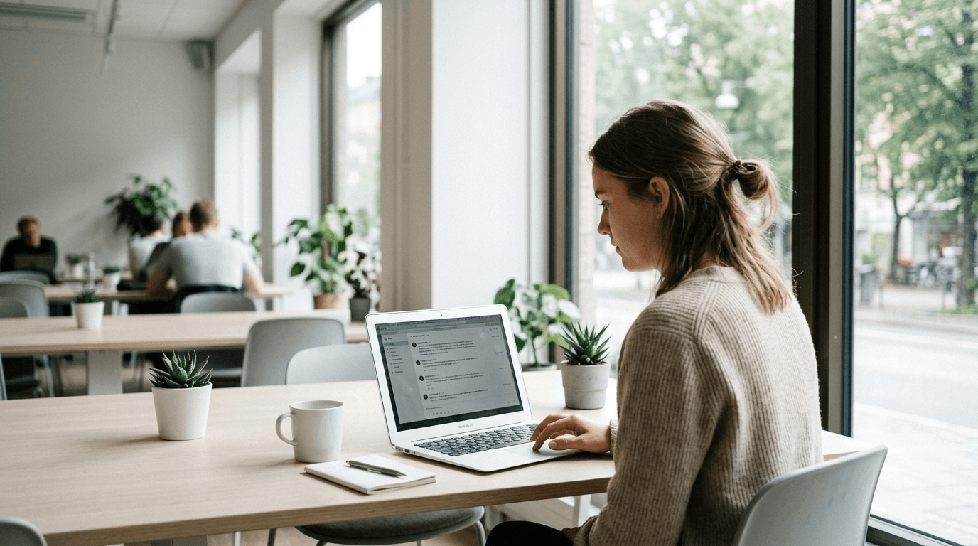 Roland Hentschel · Person am Laptop in modernem Büro, schaut auf Bildschirm mit Gesprächstranskript
