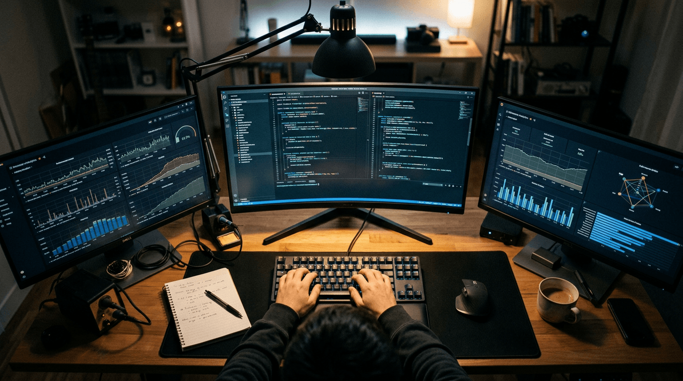 Roland Hentschel · Developer schaut auf Lighthouse-Audit-Ergebnisse auf Bildschirm mit Performance-Metriken