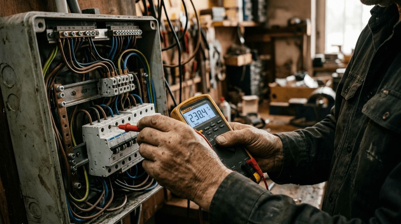 Handwerker prüft Unterverteilung mit Prüfgerät — E-E-A-T Expertise für KMU von Roland Hentschel