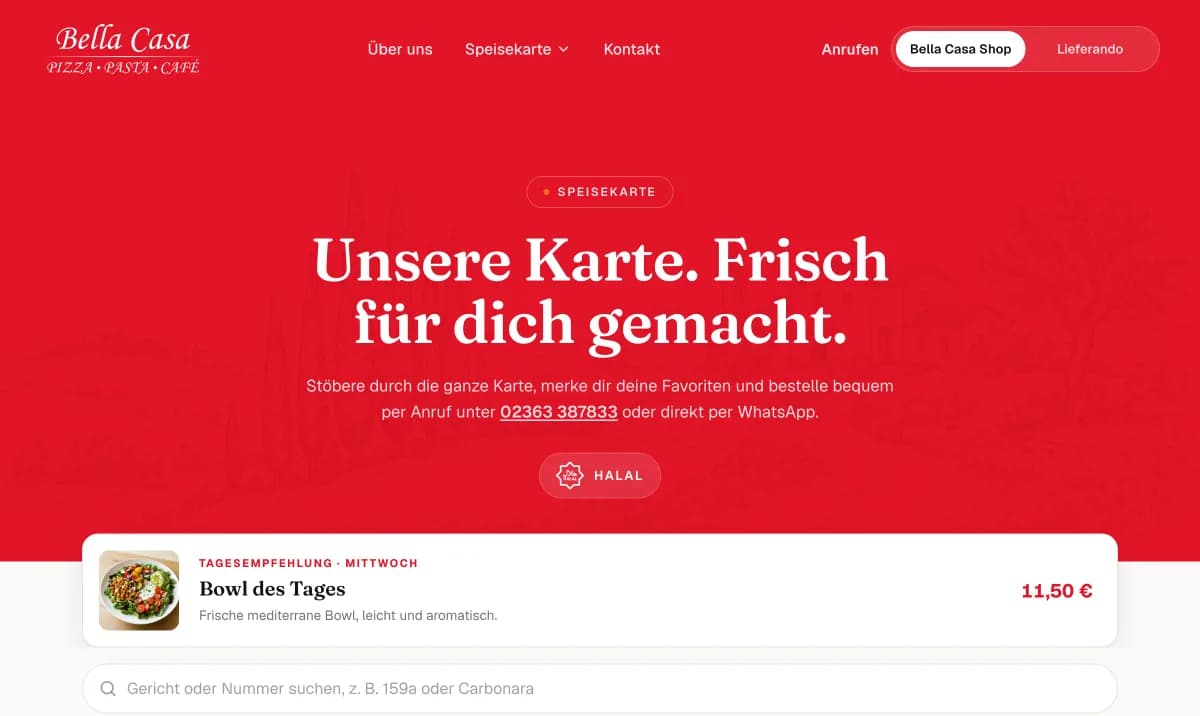 Speisekarte mit Suche und Kategorie-Filtern