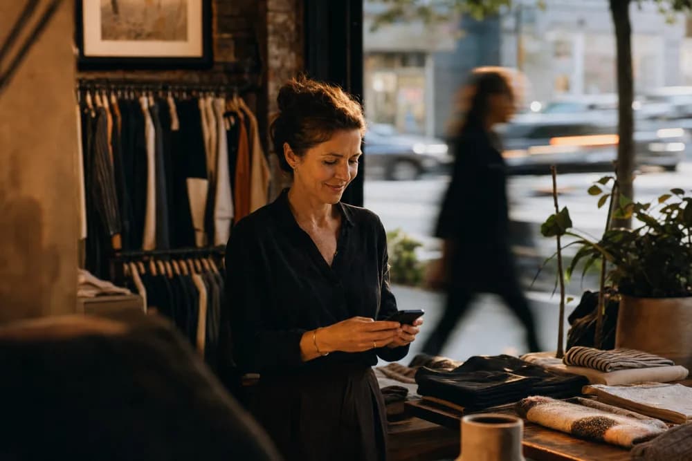 Boutique-Inhaberin steht in ihrem Laden und schaut lächelnd auf ihr Smartphone