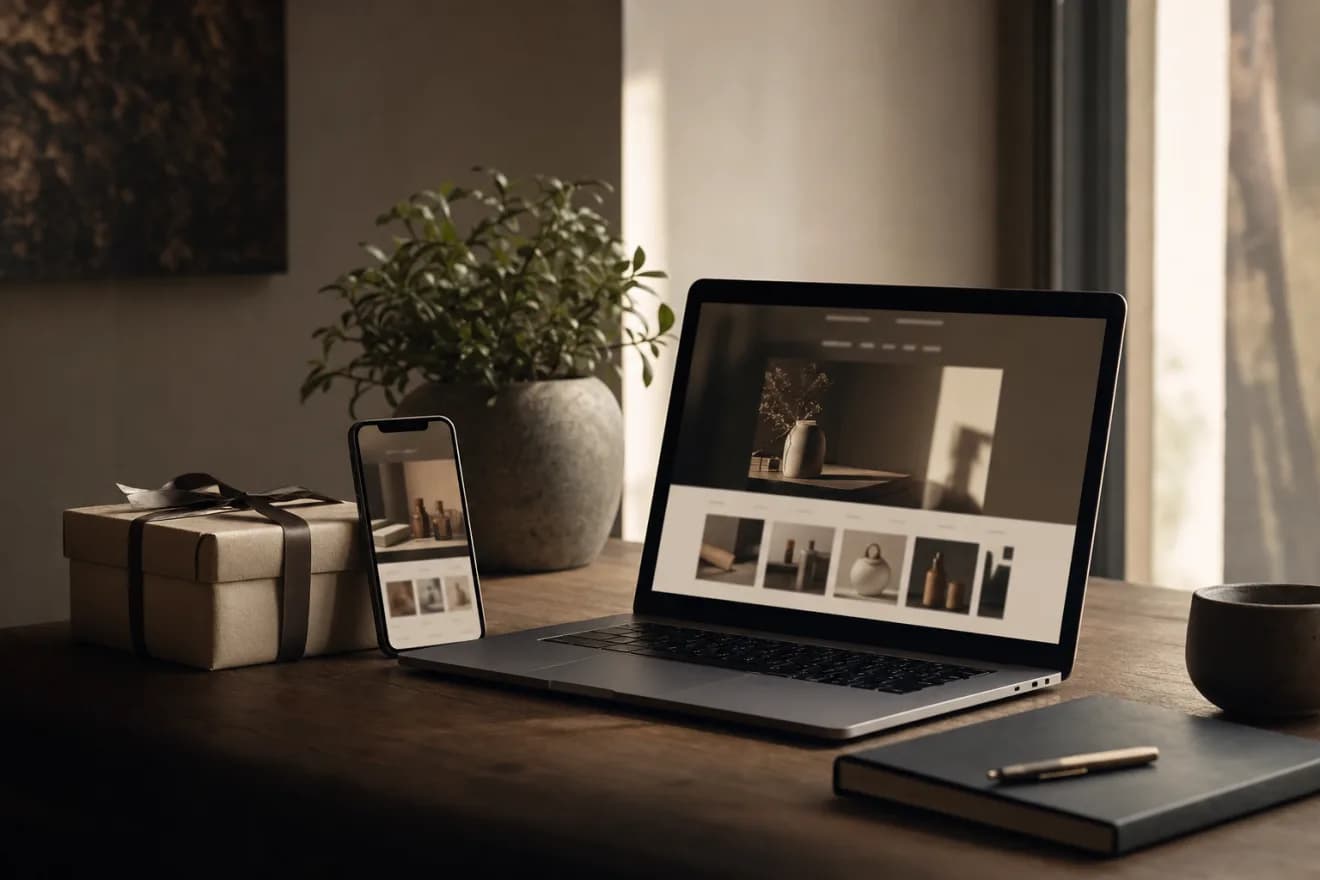 Aufgeräumter Schreibtisch mit Smartphone und Laptop, auf denen ein eleganter Online-Shop leuchtet
