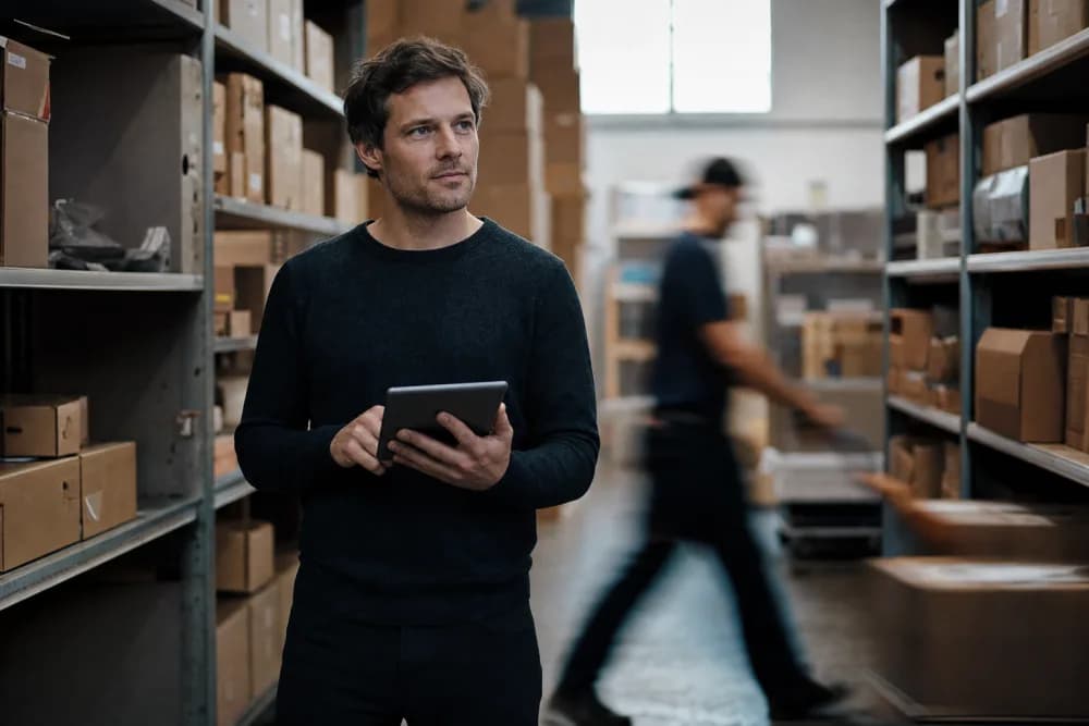 Shop-Inhaber steht im Lager zwischen Versandkartons und schaut auf ein Tablet