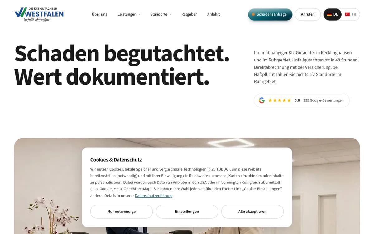 Screenshot der Website: KFZ Gutachter Westfalen