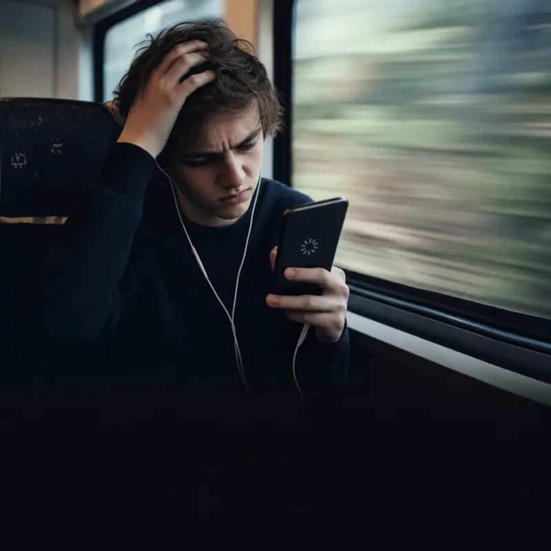 Person im fahrenden Zug, frustriert über ein ladendes Smartphone, Landschaft verwischt am Fenster
