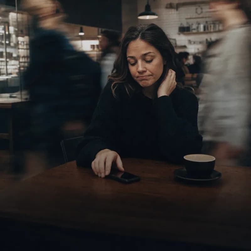 Person legt enttäuscht ihr Handy weg, Menschen laufen verwischt im Hintergrund vorbei
