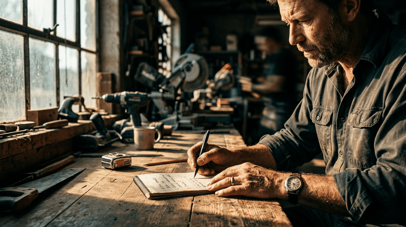 Roland Hentschel · Handwerksbetrieb-Inhaber notiert Kundenfragen auf Papier am Schreibtisch, Werkstatt im Hintergrund unscharf
