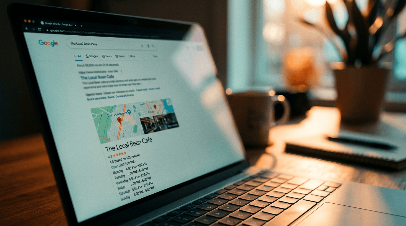 Roland Hentschel · Nahaufnahme Laptop-Bildschirm mit Google-Suchergebnis und Rich Snippet mit Sternen und Öffnungszeiten