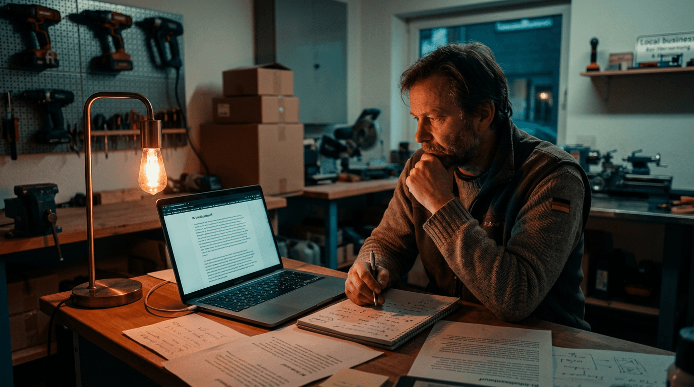 Roland Hentschel · KMU-Geschäftsführer arbeitet an Laptop mit KI-Tool zur Content-Erstellung
