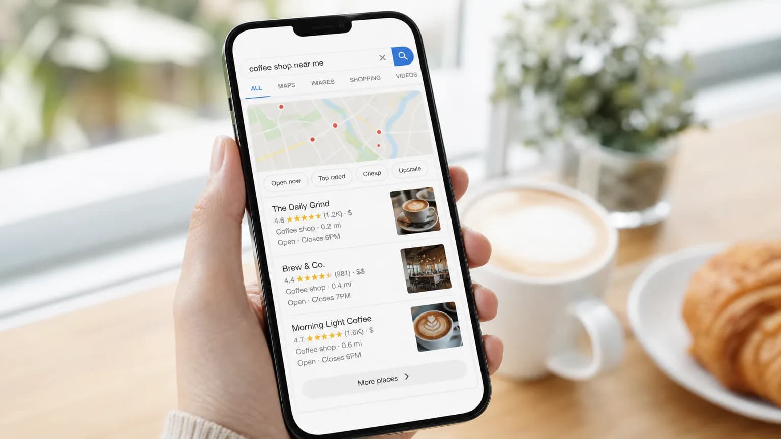 Roland Hentschel · Smartphone zeigt Google-Suchergebnisse für lokale Anfrage, Hand hält Gerät in hellem Café-Setting