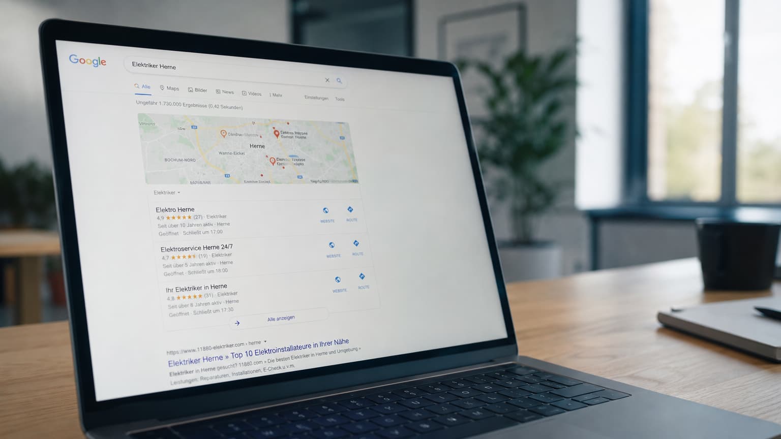Roland Hentschel · Laptop mit Google-Suchergebnissen auf dem Schreibtisch eines KMU-Geschäftsführers