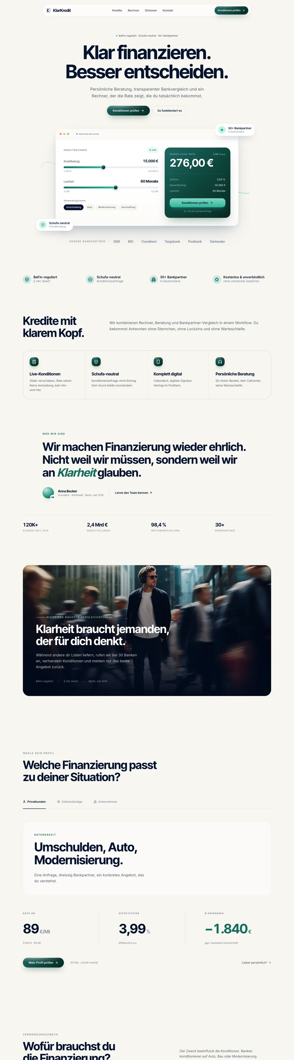 Live-Ansicht KlarKredit (Kreditvermittlung), Seite scrollt durch